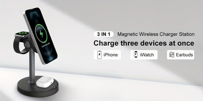 3-in-1 Wireless Charging Station 6 Colors Fast Qi Charger for iPhone 17/16/15/14/13/12, Apple Watch Ultra/Series 11/10/9/SE & AirPods 4/3/2 Pro – Anti-Slip Foreign Object Detection | Pink White Black Purple Green Blue