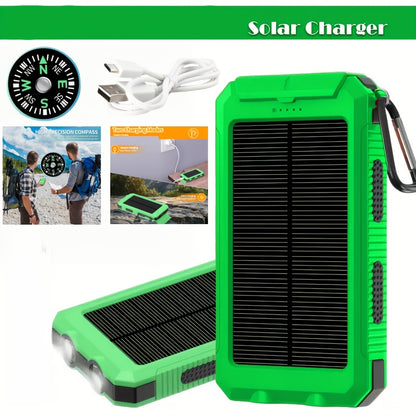 Hiking Solar Power Bank 10000mAh with Compass LED Flashlight & Carabiner Clip – Portable USB Charger for Camping Backpacking Travel Emergency Prep – Works with All Phones, Data Cable & Backpack Hook Included
