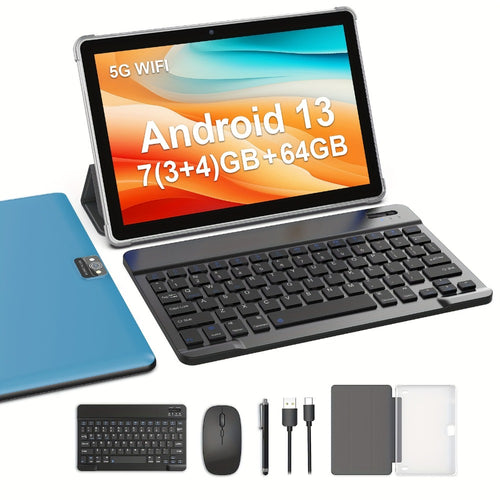 Android 13 Tablet 10 Inch 6000mAh Battery 7GB RAM 64GB ROM 1TB Expandable Storage Quad-Core Processor 8MP Dual Camera 1280x800 IPS Display WiFi Tablet with Protective Case – Blue