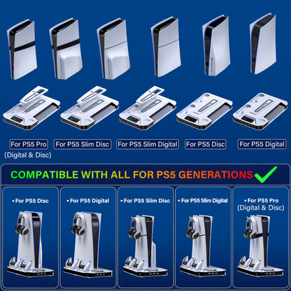 PS5 Pro Slim Cooling Station with Controller Charging Station for PS5/Slim/Pro Standard & Disc/Digital Console, Stand Cooler Accessories with Cooling Fan, 3 USB Hubs, Headset Holder & Screw Included