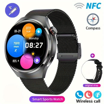 GPS Smartwatch Men with NFC & Multiple Strap Styles – 360×360 HD Screen Wireless Calling GPS Motion Trajectory Sports Fitness Tracker Heart Rate Sleep Monitor Outdoor Watch Black Steel Mesh Faux Leather