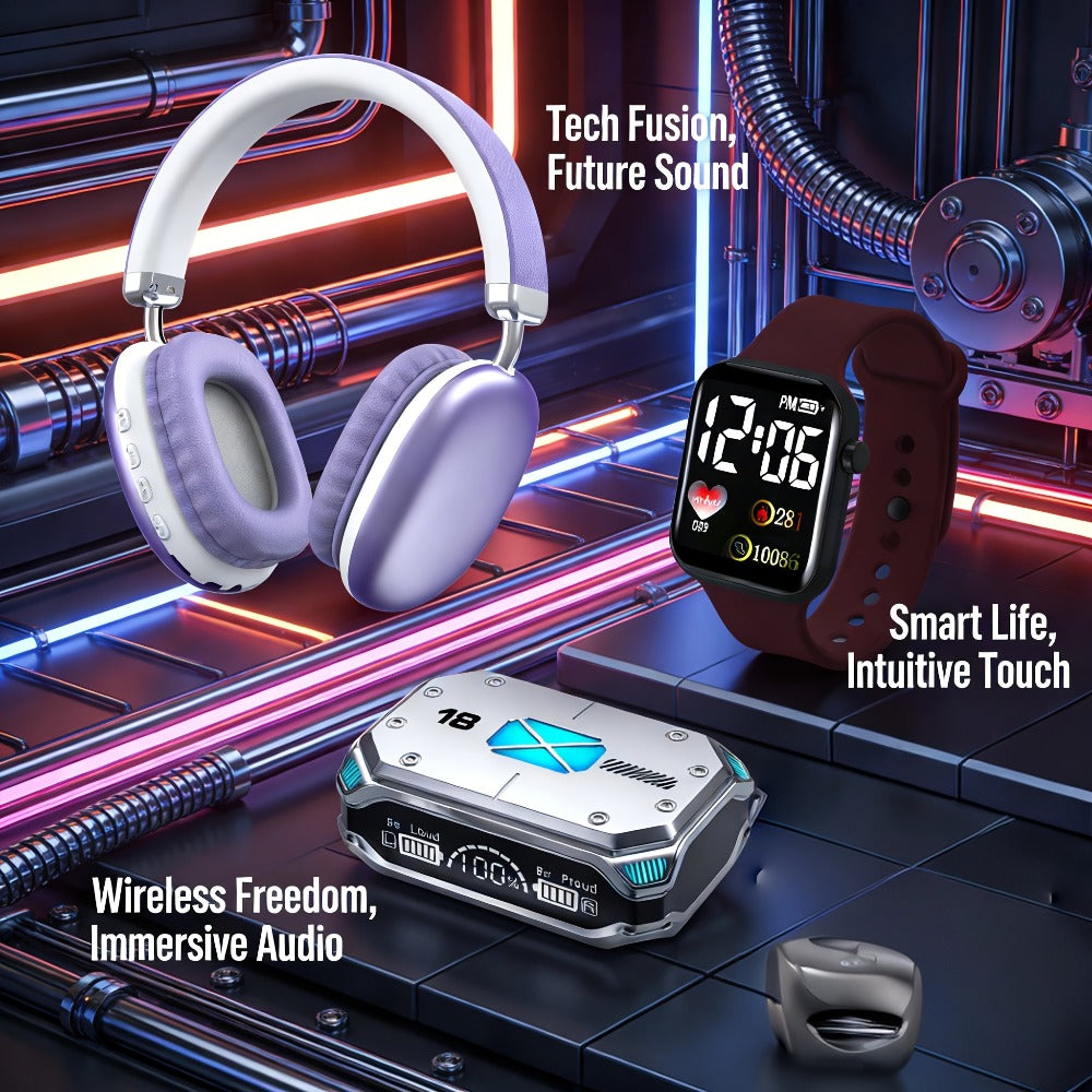 3-Piece Wireless Audio Gift Set Over-Ear Bluetooth Headphones Wireless In-Ear Earbuds Minimalist Watch Ultra-Long Battery iOS Android Back to School Father's Day Gift