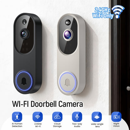 166° Ultra Wide Angle Smart Doorbell Camera 2K HD Wireless WiFi – AI Human Detection, Two-Way Audio, Night Vision, Cloud Storage, Rechargeable Battery, 2.4GHz, Black Linen Purple