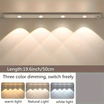 Motion Sensor Cabinet LED Strip Light USB Rechargeable 1400mAh - 3 Color Dimmable Wireless PIR Auto On Off 4 Sizes for Kitchen Wardrobe Wine Cabinet Shoe Cabinet Closet Bedroom Night Light
