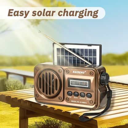 FM Portable Radio R-49BTS Retro Solar Panel Bluetooth Speaker, USB TF Card Playback, Loud Digital Radio for Indoor Outdoor Travel Emergency Camping, Independence Day Gift