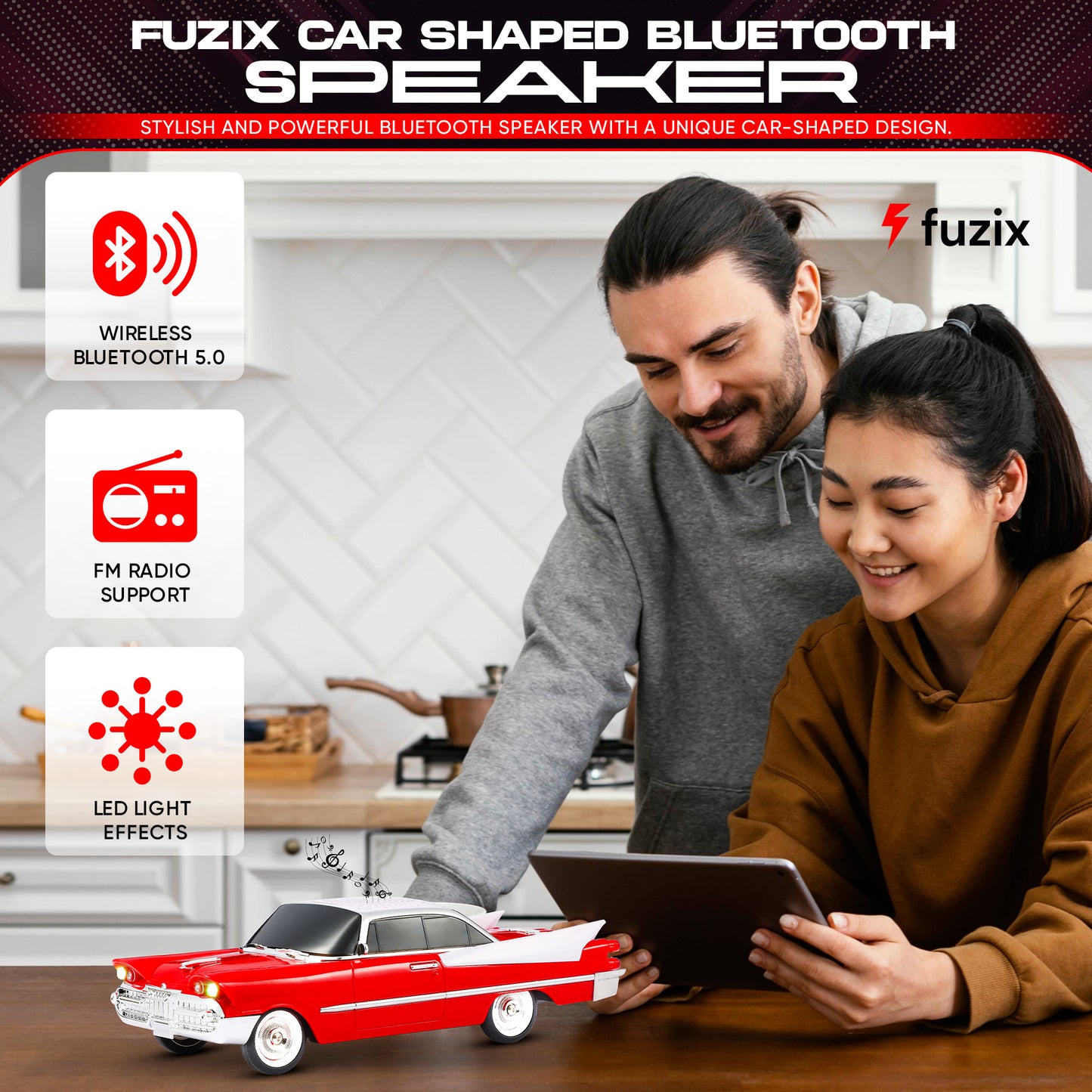 Retro Car Bluetooth Speaker with LED Headlights & Taillights, Fuzix WS-1965 Wireless Portable Stereo Speaker, AUX/USB/TF/FM Radio, Built-in Mic, Rechargeable Battery, Gift for Car Enthusiasts