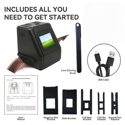 Film Scanner 10MP Negative & Slide Scanner, Converts 35mm/110/Super 8 Film to Digital JPEG, 2.0" LCD Screen, 1-Second Fast Scan, Easy-Load Design, Saves to SD Card, Perfect for Preserving Old Photo Memories