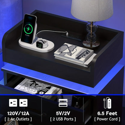 Small Nightstand with USB Charging Station & LED Lights – Compact Bedside Table with Drawer | Under 27 Inch Floor Mount | Dorm Studio Apartment Small Bedroom | Black or White | College Dorm Gift