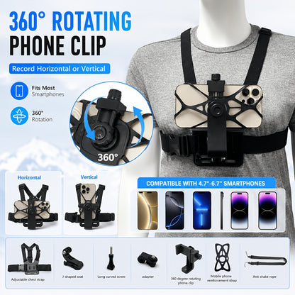 Chest Mount Harness for GoPro Hero 13 12 11 10 9 8 – Adjustable POV Chest Strap for Insta360 X4 X3 DJI Osmo Action 4 3 iPhone Samsung Phone – Hands-Free Camera Holder for Bike Kayak Fishing Hiking Vlog