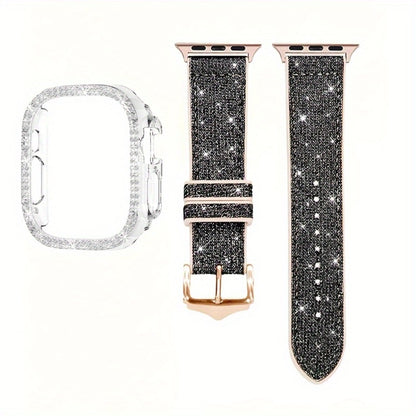 Apple Watch Band with Case Crystal Rhinestone Bling, Chameleon Color-Shift Strap + Shockproof Hard PC Cover, Compatible with Apple Watch Series 1-9 SE Ultra 38mm to 49mm S10 – Rose Gold Black Silver Women