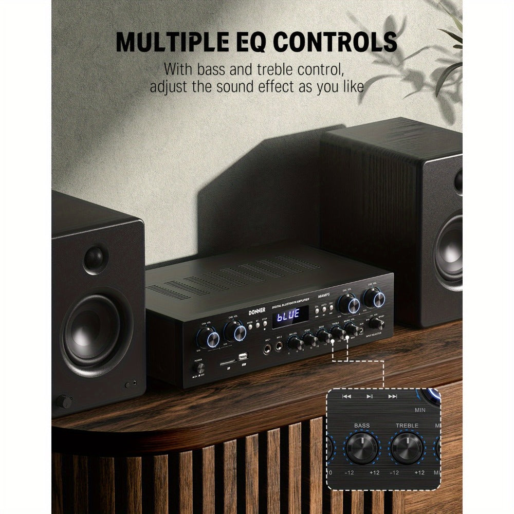 Donner 4-Channel Home Stereo Receiver Amplifier with USB SD FM Radio, Dual Mic Input Echo, RCA, LED Display for Home Sound System Karaoke Living Room