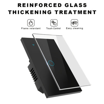Black Tempered Glass WiFi Smart Light Switch 1/2/3/4 Gang – US Standard, Works with Alexa & Google Home, Tuya App, Smart Scenes, Timer, Voice & App Control, Neutral Wire Required, 100-240V
