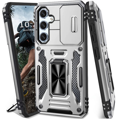 Samsung Galaxy Shockproof Magnetic Phone Case with 360° Rotating Ring Bracket & Sliding Lens Protector – Heavy Duty Cover for S24FE S23FE S22 S21FE Ultra A55 A54 A35 A34 A25 A24 A16 A15 A14 A06 A05 A05S 5G