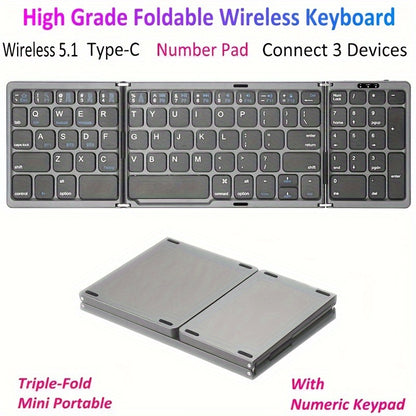 Foldable Bluetooth Keyboard with Numeric Keypad Triple Fold BT5.1 3-Device Multi-Switch USB-C Rechargeable Portable Wireless Keyboard for iPhone iPad Android Tablet Windows Mac Grey