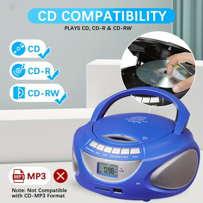 Portable CD Player Boombox with AM FM Radio Dual Stereo Speakers, Aux Input USB TF Card MP3 Player, Earphone Jack, A-B Repeat, Plug & Play 120V, Multi-Function Home & Outdoor CD Boombox