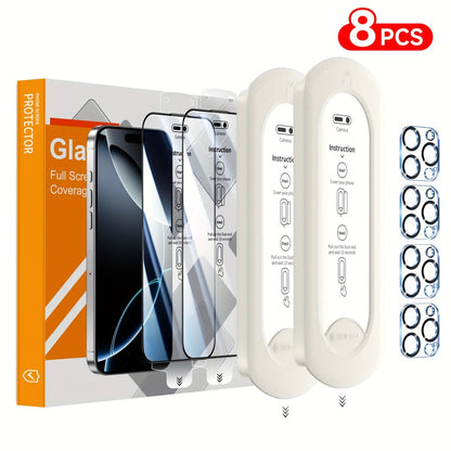 9H Tempered Glass Screen Protector for iPhone 8-Pack with Alignment Tool – 4 Screen + 4 Camera Lens, HD Clear, Bubble-Free, Case Compatible, iPhone 16 Pro Max / 15 / 14 / 13 / 12 / 11 Series