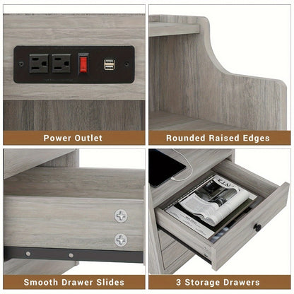 Nightstand with Power Outlets and USB Ports – 3-Drawer Hutch Charging Station | 2 Outlets 2 USB | Bedroom End Table Side Table | 14"D x 17.7"W x 26.8"H | Gray or White | Housewarming Gift