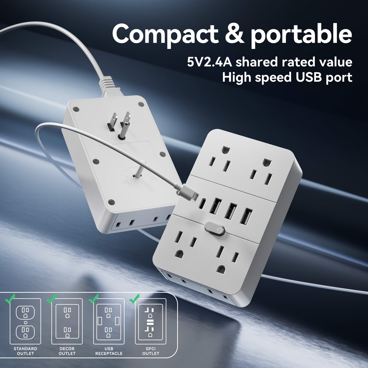 Desktop Power Strip with LED Desk Lamp & Clock 9-in-1, 4 AC Outlets & 5 USB Ports (3 USB-A & 2 USB-C), Surge Protection & Overload Safety for Office, Study, Home & School