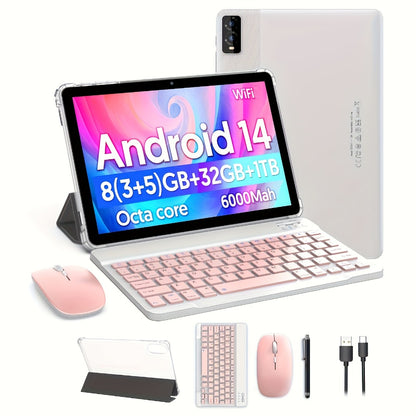 10 Inch Android 14 Tablet 8GB RAM 32GB ROM 1TB Expandable Octa-Core 1280x800 IPS Touch Screen Dual Camera WiFi 2-in-1 Tablet PC with Optional Keyboard Mouse Case & Stylus – White