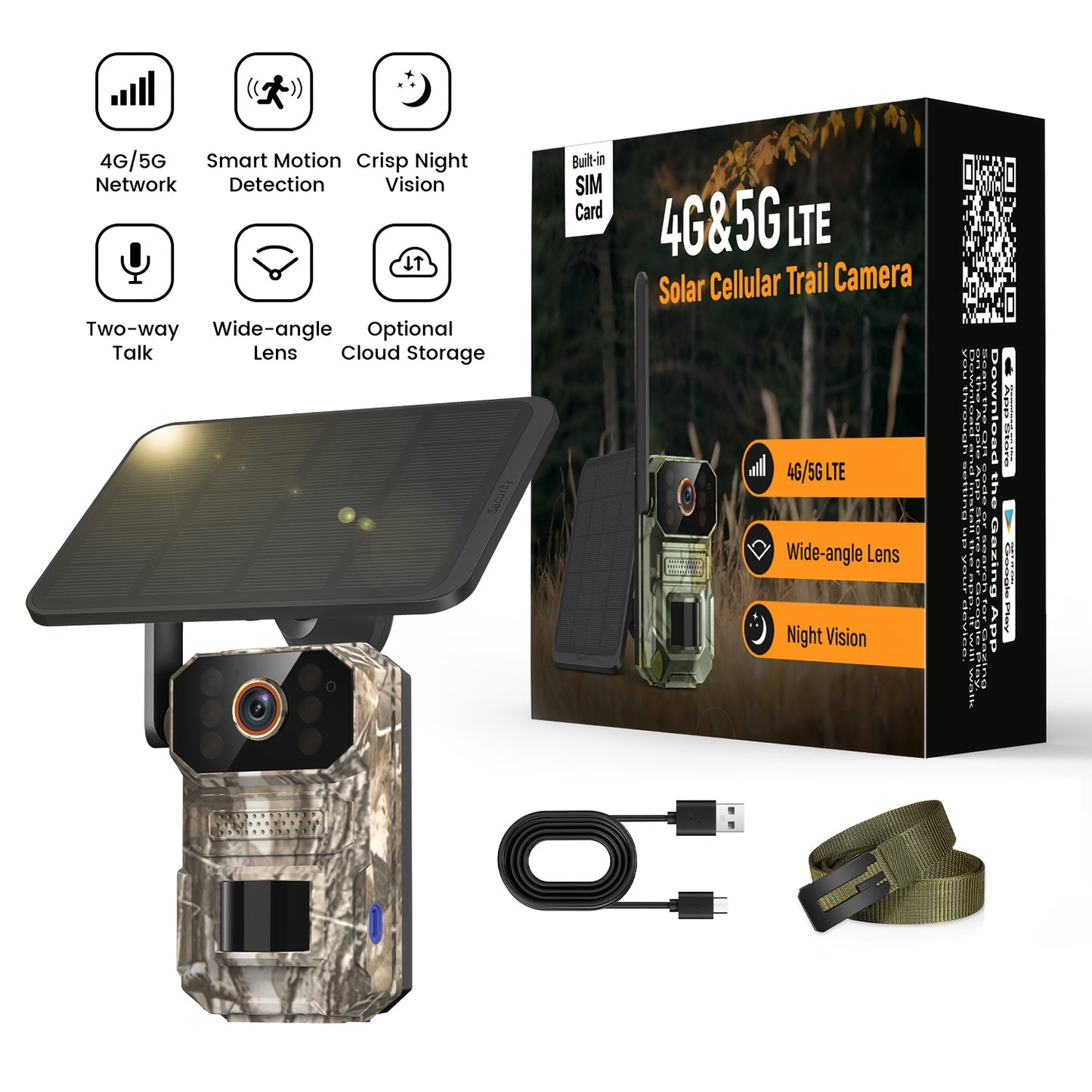 Solar Cellular Trail Camera 1920P No WiFi – 4G LTE Wildlife & Property Monitoring, PIR Motion Sensor, Infrared Night Vision, Two-Way Voice, IP65 Waterproof, Remote Access & 2-Year Replacement Warranty
