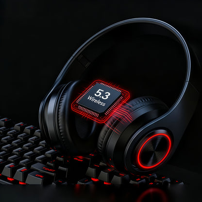 LED Light Over-Ear Wireless Headphones Deep Bass Subwoofer, Active Noise Cancelling Foldable Headset Bluetooth 5.3, Wired & Wireless Dual Mode AUX, USB Rechargeable for Gaming Music Sports