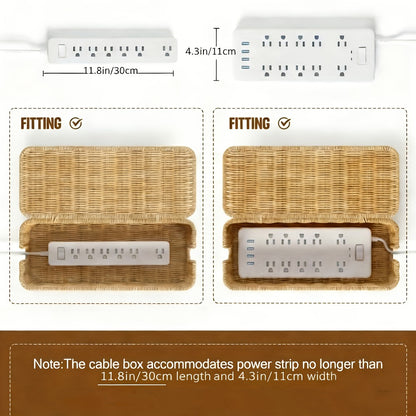 Rattan Cable Management Box with Lid Woven Cord Organizer – Stylish Power Strip Cover Wire Hider for Home Office Living Room Desk Bedroom, Conceals Surge Protectors & Data Cables, Boho Decor Gift