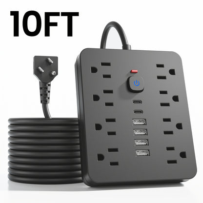 14-in-1 Wall-Mountable Power Strip with Surge Protector – 8 AC Outlets & 6 USB Ports (2 USB-C), Flat Plug Space-Saving Extension Cord, Overload Protection for Home School Office, 5ft or 10ft