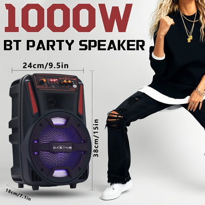 8-Inch Bluetooth Party Speaker with LED Lights & Wired Microphone – TWS Stereo Bass Boost, FM Radio, USB TF AUX Playback, Rechargeable Battery, Portable Wireless Speaker for Outdoor Parties & Karaoke