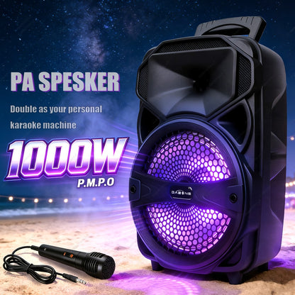 1000W Karaoke Machine with Wireless Bluetooth Party Speaker, 8-Inch Subwoofer, Loud Sound System, FM Radio, EQ Mode, Strobe Lights, Wired Microphone & Remote Control for Adults and Kids