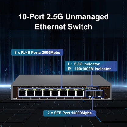 10-Port 2.5G Network Switch with 10G SFP+ Uplink - Fanless Metal Unmanaged Ethernet Switch, 8x 2.5GbE RJ45, 40Gbps Capacity, Plug and Play for NAS Home Lab Gaming Office