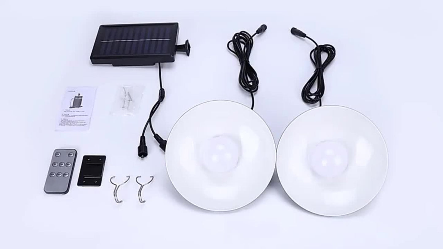 Solar Pendant Light Indoor Outdoor Hanging Light Fixture 3200mAh Rechargeable - 3 Brightness Modes Remote Control 2 LED Bulbs Warm & Cool White for Patio Gazebo Pergola Shed Garage Barn Off-Grid
