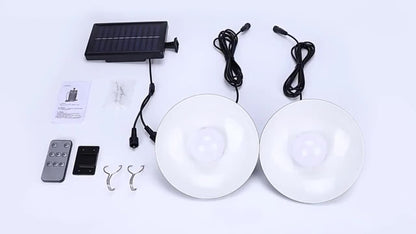 Solar Pendant Light Indoor Outdoor Hanging Light Fixture 3200mAh Rechargeable - 3 Brightness Modes Remote Control 2 LED Bulbs Warm & Cool White for Patio Gazebo Pergola Shed Garage Barn Off-Grid