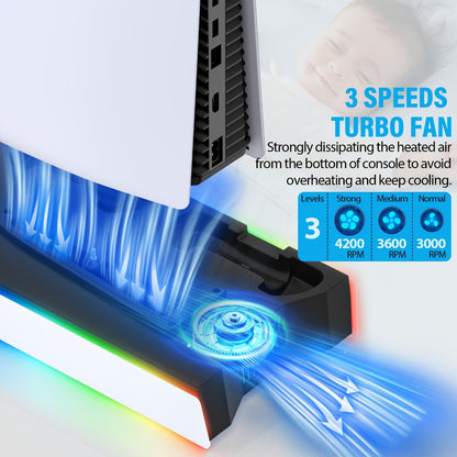 Headset Holder PS5 Cooling Stand with RGB Light, 3-Level Fan, Controller Charger & 3 USB Ports – Compatible with PS5 / PS5 Slim / PS5 Pro Disc & Digital Edition Console