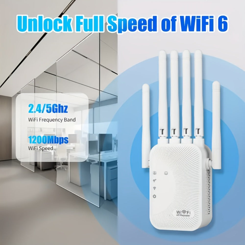 8500 Sq Ft WiFi Range Extender 6-Antenna - High-Speed Wireless Repeater with Ethernet Port, Plug and Play WPS Setup, for Home Office Online Gaming 4K Streaming, White