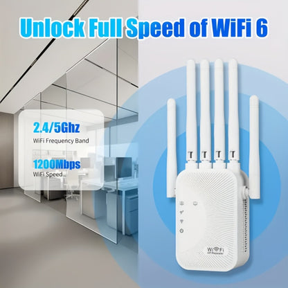 8500 Sq Ft WiFi Range Extender 6-Antenna - High-Speed Wireless Repeater with Ethernet Port, Plug and Play WPS Setup, for Home Office Online Gaming 4K Streaming, White