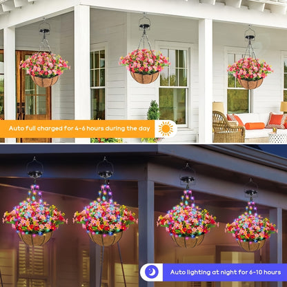 Solar Hanging Flower Basket with RGB String Lights – 10 Inch Artificial Flowers, Dusk-to-Dawn Auto On, Waterproof Outdoor Decor for Patio, Garden, Balcony & Front Porch | Pink Purple Orange