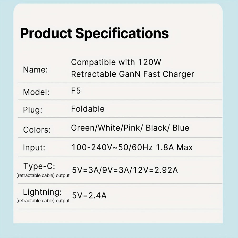 GaN Charger 120W with Lightning & Type-C Retractable Cables 47in, Foldable Plug USB-C Wall Adapter – With or Without Cable Option for iPhone 17 16 15 Pro Max, Samsung Galaxy S25 S24, Android Devices