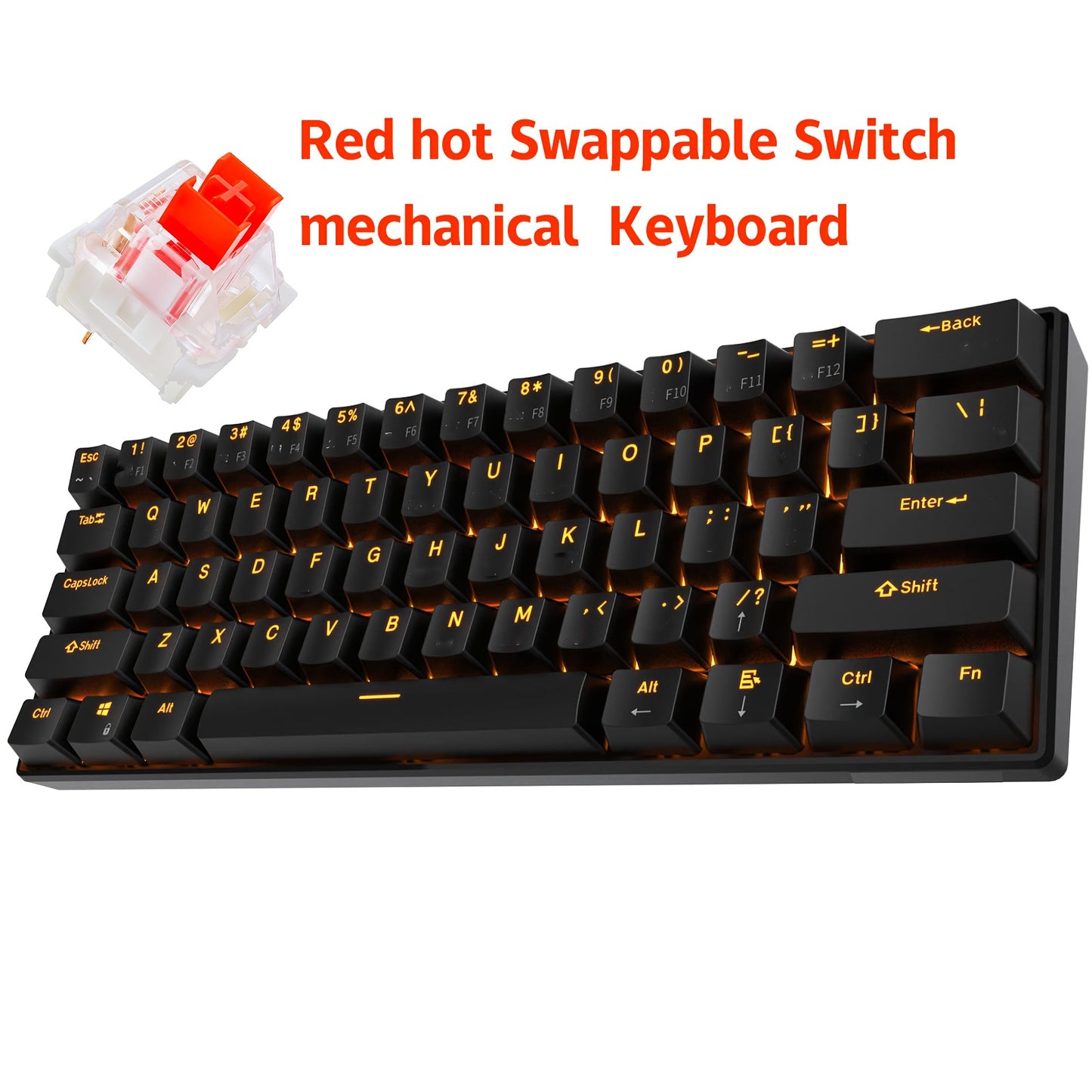 Hot Swappable Mechanical Keyboard 60% RGB Backlit 61 Keys – Customize Red or Cyan Switches, Ultra-Compact Wired Tenkeyless Design for PC, Laptop & Mac | No Solder Switch Change | Black & White