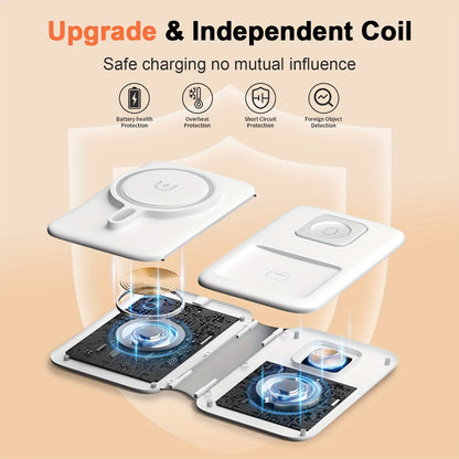 3-in-1 Wireless Charging Station Foldable 15W Fast Charge, Charges iPhone 16 15 14 13 12 Pro Max + Apple Watch Ultra 2 Series 9 8 7 6 5 4 3 2 1 + AirPods 3 2 Pro Simultaneously – Portable Travel Charger