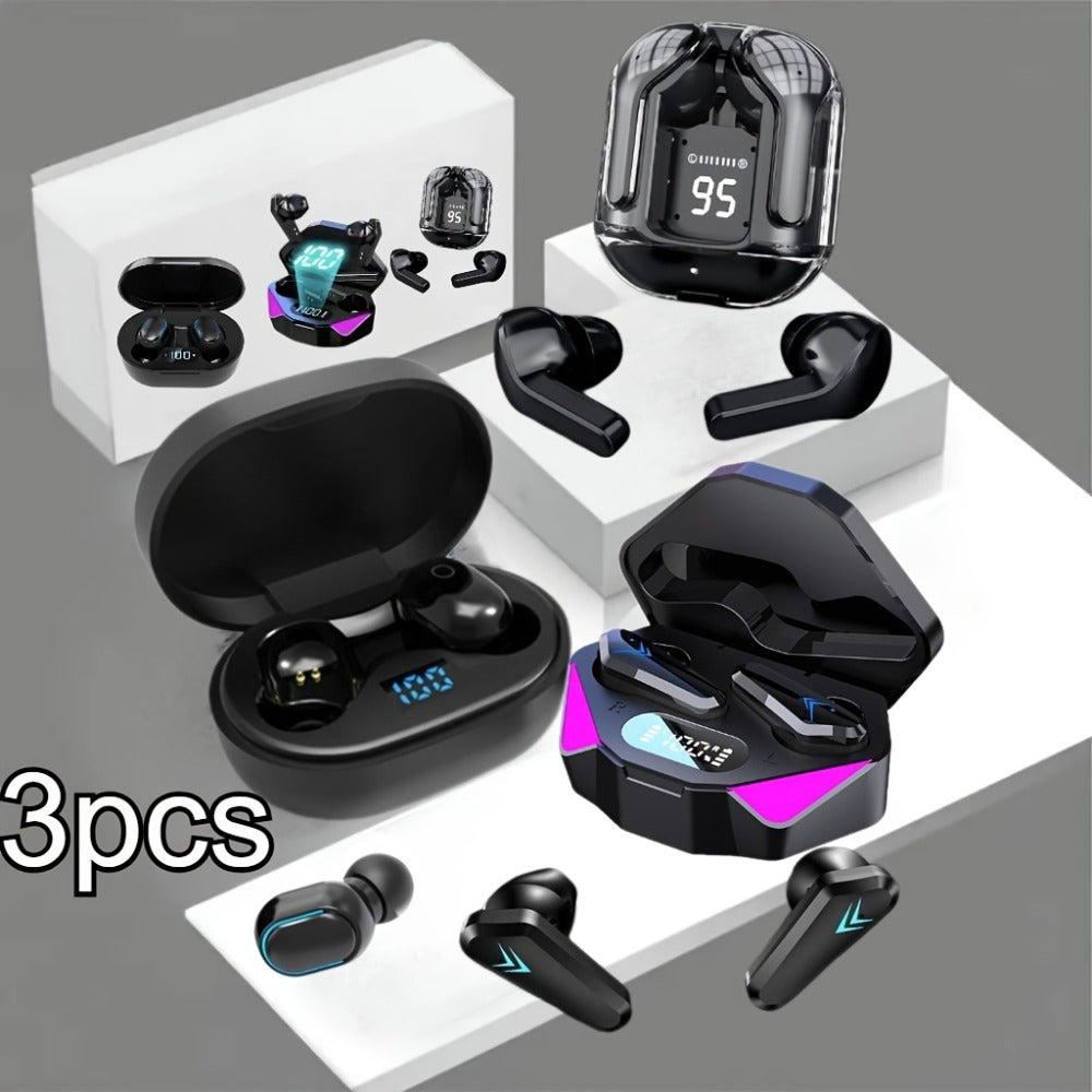 3-Pack TWS Wireless Earbuds Set Bluetooth 5.4 Noise Canceling Microphone LED Display Touch Control Gift for Women Music Lovers Compatible iOS Android iPhone