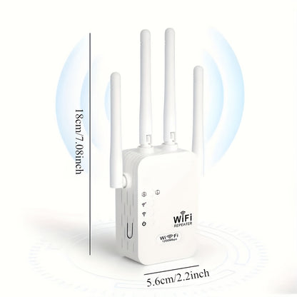 WiFi Extender 1300Mbps Dual Band AP & Relay Mode - 4 Powerful Antennas Full House Coverage, Ethernet Port, Eliminates Dead Zones, for Home Office Gaming Streaming, White Black