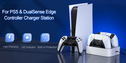 Safe Charging PS5 Controller Charging Station with Smart Chip – Dual Fast Charging Dock for DualSense & DualSense Edge, 2.5Hr Full Charge, Blue LED Indicator, Non-Slip Pad, Cable Included