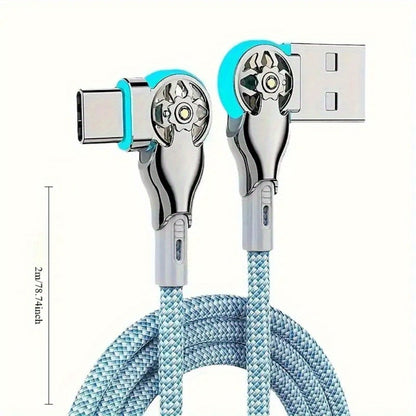 90 Degree USB-C Cable 65W Fast Charging with LED Light 6.56ft – Left Right Angle Double Elbow Type-C Data Cable for Samsung Galaxy S24 S23 Xiaomi Huawei Android Gaming Car Desk Setup