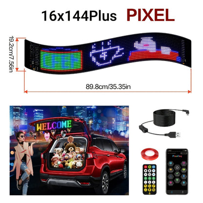 Flexible LED Matrix Screen Display DIY Text Picture & GIF – App & Remote Control, 5V USB Powered | 16x32 to 16x144 | Car, Store, Bike, Event & Holiday Signage