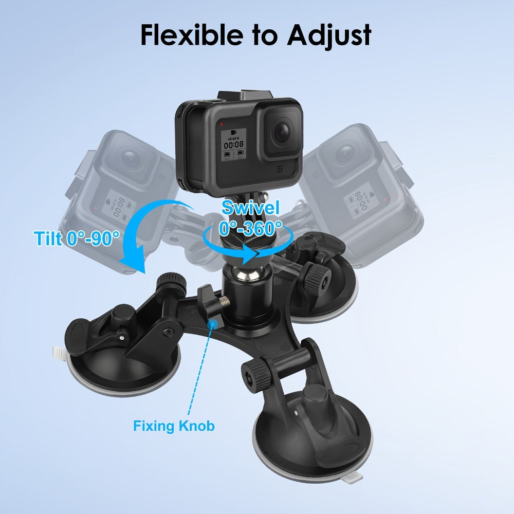 Suction Cup Camera Mount with 3 Bases – Universal 360° Ball Head Car Camera Holder for GoPro Hero 10 9 8 7, Action Cameras, DSLRs & Camcorders, Quick Release, ABS, Smooth Surface Secure Grip