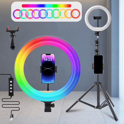 RGB LED Ring Light 43-Inch Adjustable Stand with Phone Holder USB Powered Multicolor Circle Fill Light for Photography Video Recording Streaming Makeup Selfie Outdoor Studio Lighting