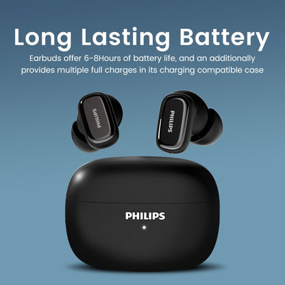 Philips TAT2569 Active Noise Reduction Wireless Earbuds, Dual Beamforming Mics 18H Playtime Bluetooth 5.4, Touch Control Secure Sport Fit Type-C Charging, Compatible with iPhone Android, Gift for Men Women