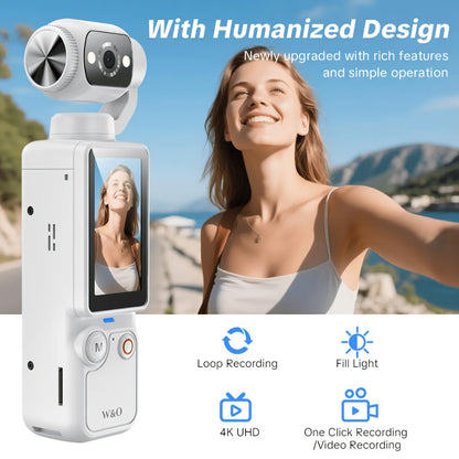 W&O Pocket Camera with Webcam Function | 1.9" Screen, 180° Rotating Shot, 2000mAh Battery, USB-C Charging, 32G Card, Outdoor Sports Cam for Cycling, Travel & Personal Use – Birthday & Christmas Gift