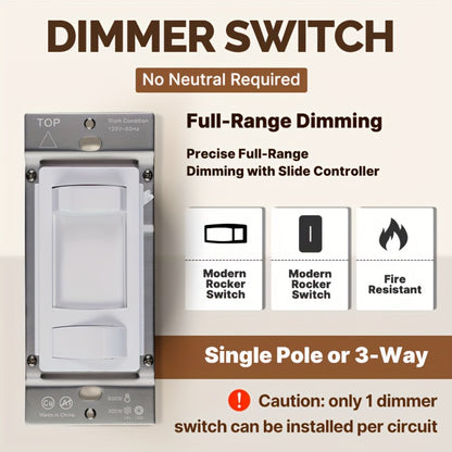 MOES Slide Dimmer Light Switch 3-Way & Single Pole No Neutral Wire – 600W Max, Compatible with LED CFL Incandescent Halogen, On/Off Dimming Control, Bedroom Hallway Living Room, Black & White (2/6-Pack)