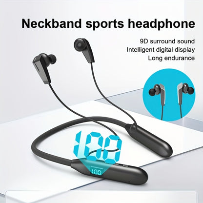 Neckband Sport Bluetooth Earphones Wireless In-Ear Flexible Neckband Extra Long Battery Life LED Display Running Gym Workout Calls Gaming Outdoor Activities Black